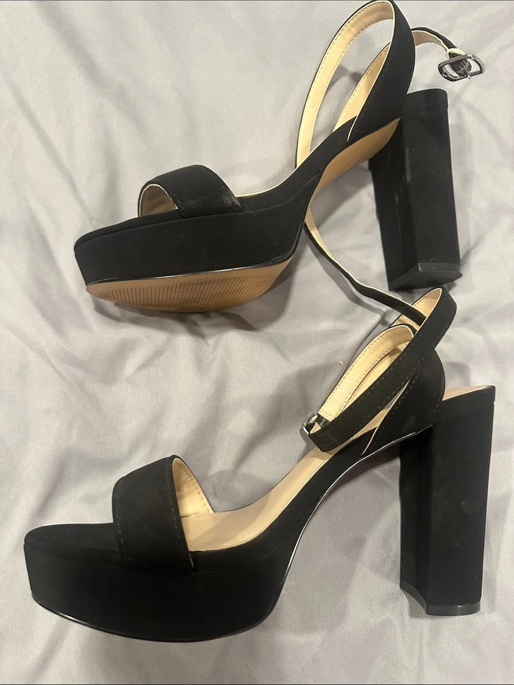 Size 7 Black Platform Slingback Heels stacked faux suede pinup vintage